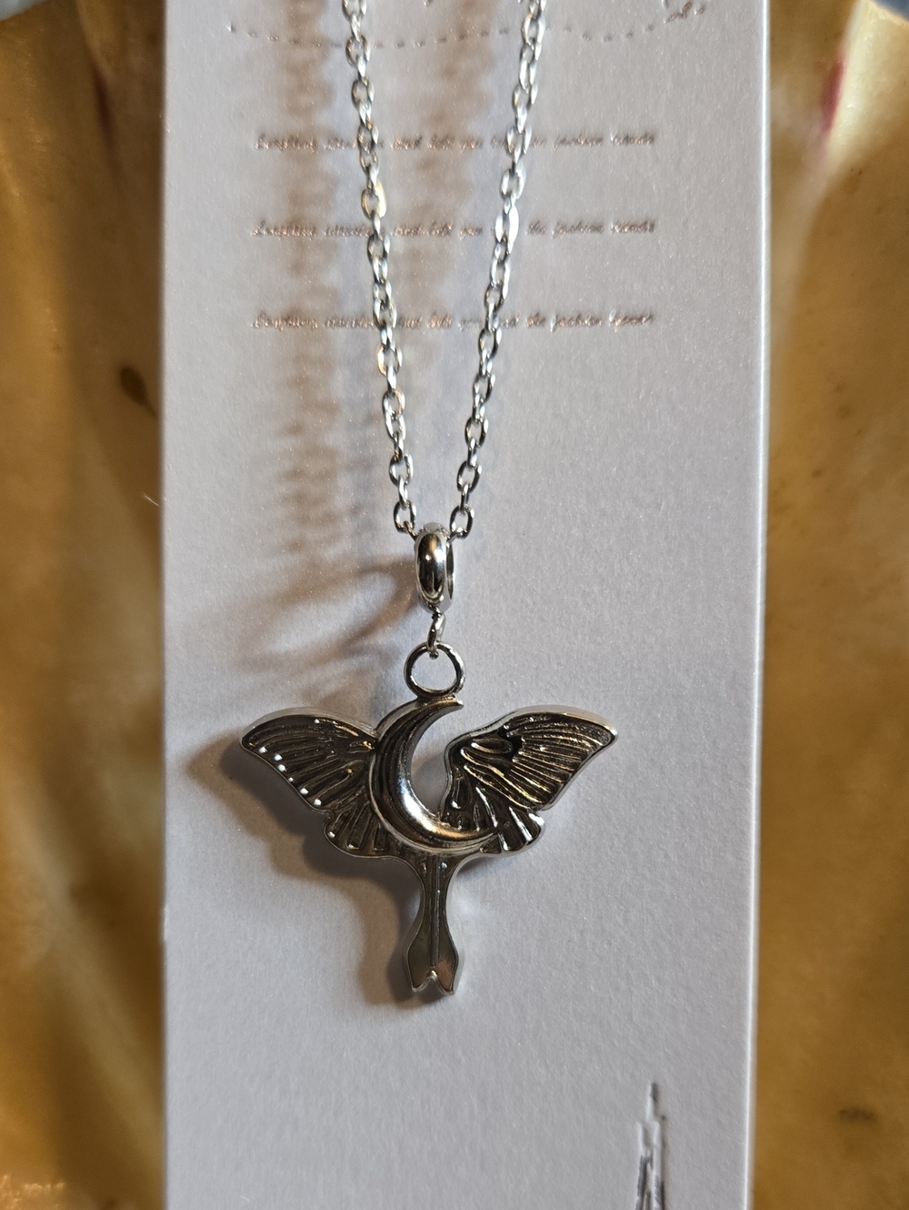 Silver Stainless Steel Crescent Moon & Moth Wing Pendant Necklace